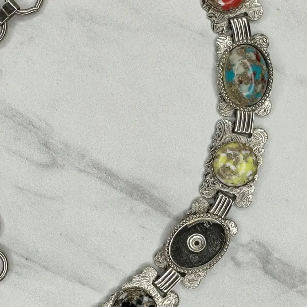 Multicolor Cabochon Concho Silver Tone Chain Link Belt Small/Medium (S/M) Boho ✨ - Picture 6 of 11